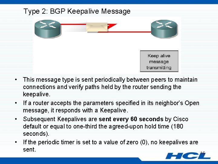 Type 2: BGP Keepalive Message • This message type is sent periodically between peers