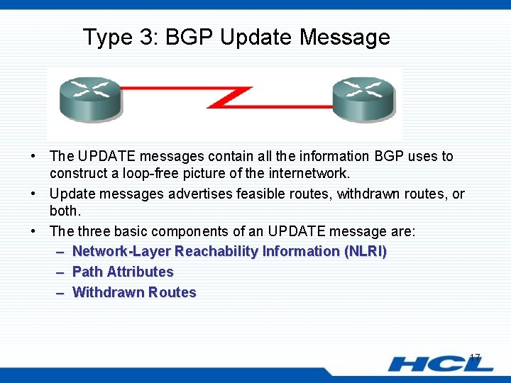Type 3: BGP Update Message • The UPDATE messages contain all the information BGP