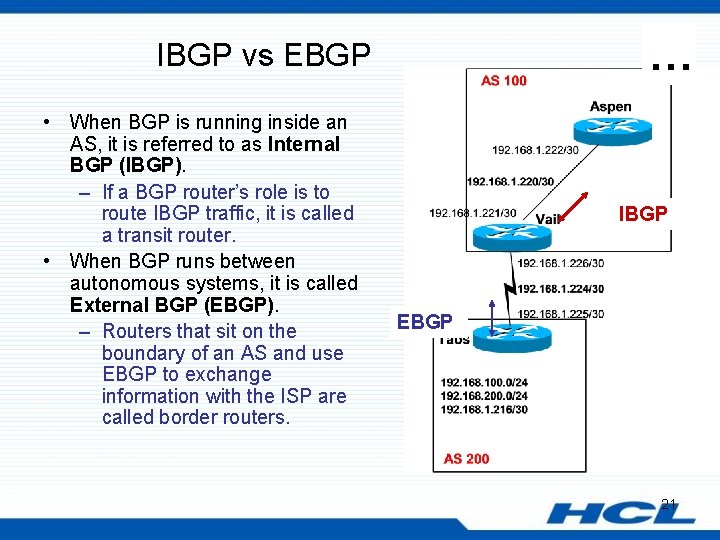 … IBGP vs EBGP • When BGP is running inside an AS, it is