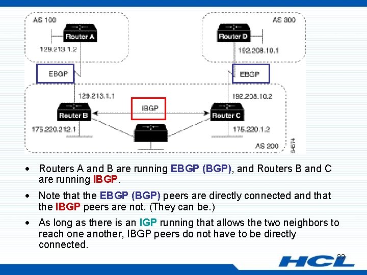 · Routers A and B are running EBGP (BGP), and Routers B and C