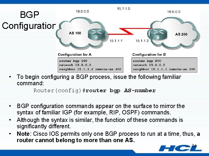 BGP Configuration • To begin configuring a BGP process, issue the following familiar command: