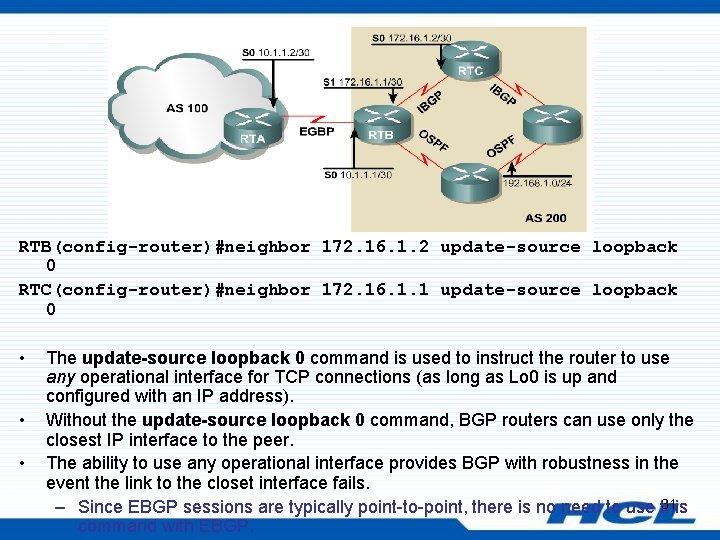 RTB(config-router)#neighbor 172. 16. 1. 2 update-source loopback 0 RTC(config-router)#neighbor 172. 16. 1. 1 update-source