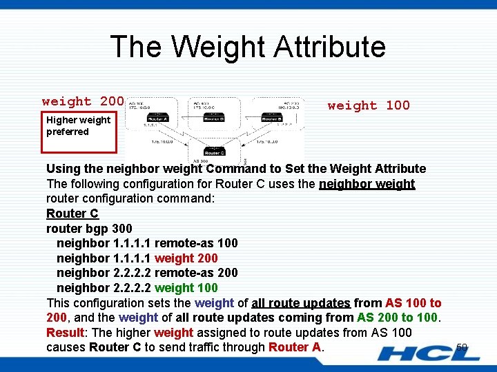 The Weight Attribute weight 200 weight 100 Higher weight preferred Using the neighbor weight
