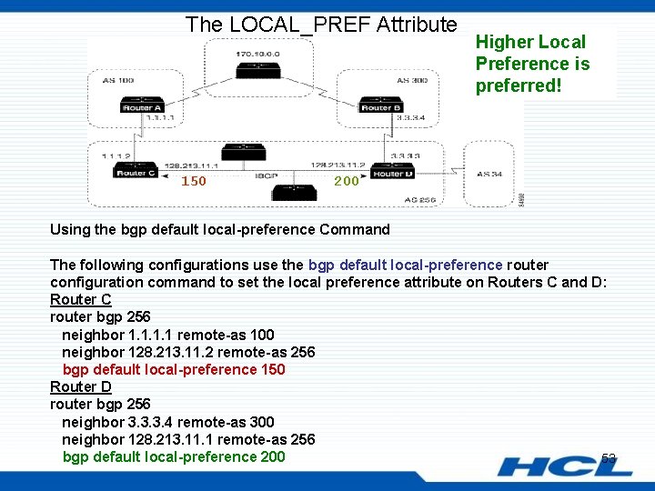 The LOCAL_PREF Attribute 150 Higher Local Preference is preferred! 200 Using the bgp default