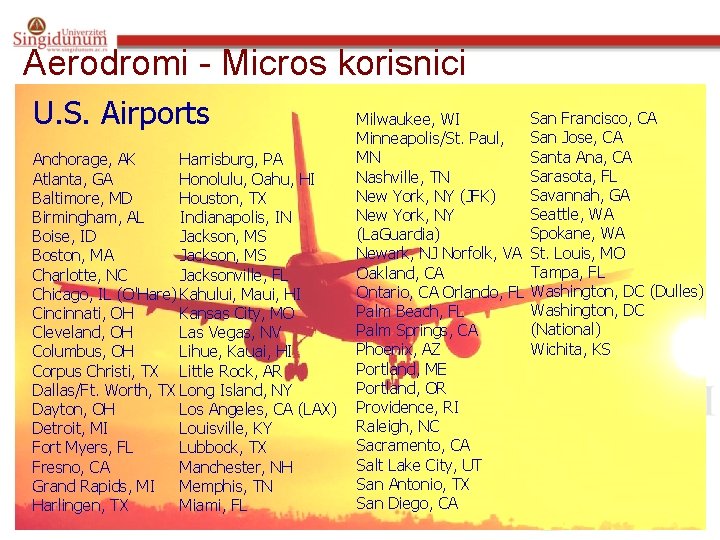Aerodromi - Micros korisnici U. S. Airports Milwaukee, WI Minneapolis/St. Paul, MN Anchorage, AK