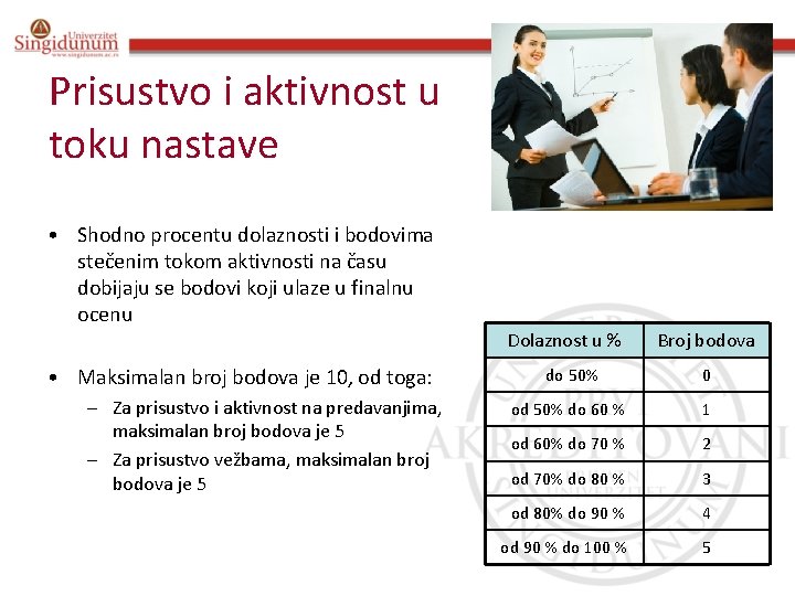 Prisustvo i aktivnost u toku nastave • Shodno procentu dolaznosti i bodovima stečenim tokom