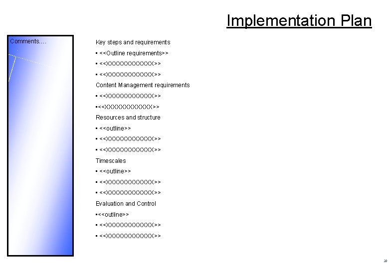 Implementation Plan Comments…. Key steps and requirements • <<Outline requirements>> • <<XXXXXXXXXXXX>> Content Management