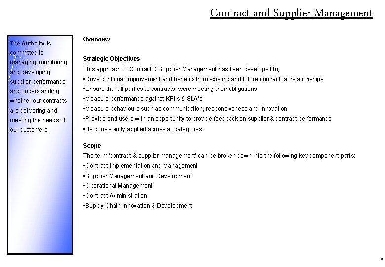 Contract and Supplier Management The Authority is committed to managing, monitoring and developing Overview