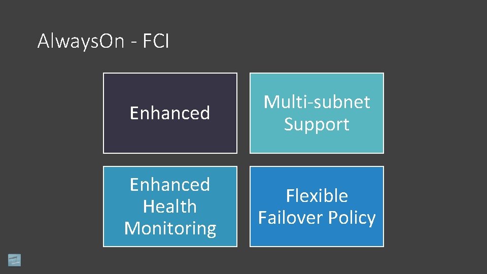 Always. On - FCI Enhanced Multi‐subnet Support Enhanced Health Monitoring Flexible Failover Policy 