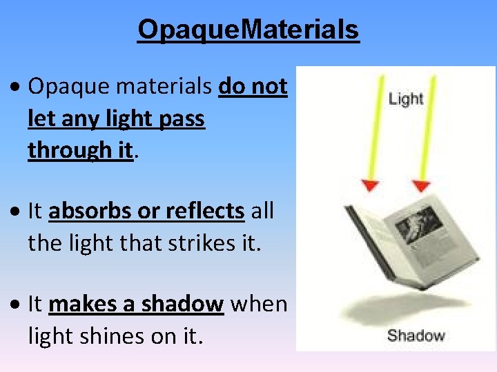 Opaque. Materials Opaque materials do not let any light pass through it. It absorbs