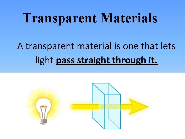 Transparent Materials A transparent material is one that lets light pass straight through it.