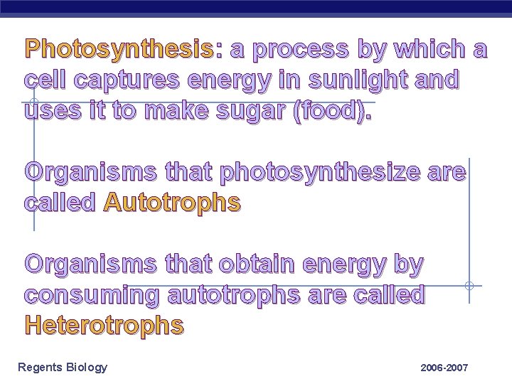 Photosynthesis: a process by which a cell captures energy in sunlight and uses it