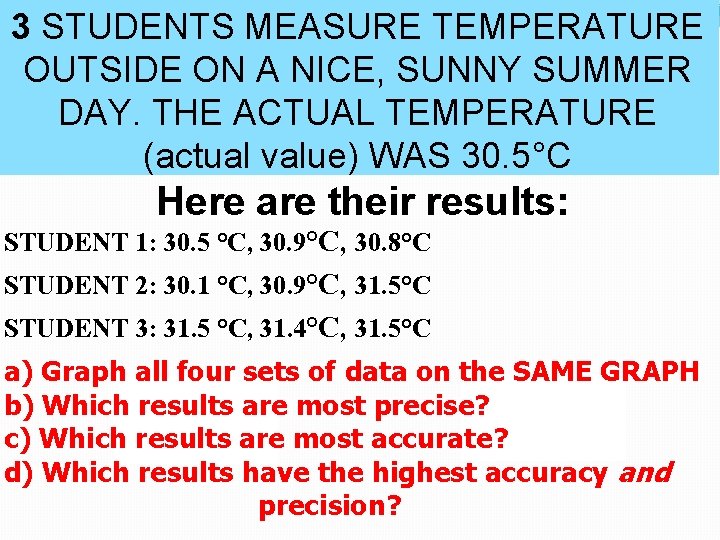 3 STUDENTS MEASURE TEMPERATURE OUTSIDE ON A NICE, SUNNY SUMMER DAY. THE ACTUAL TEMPERATURE