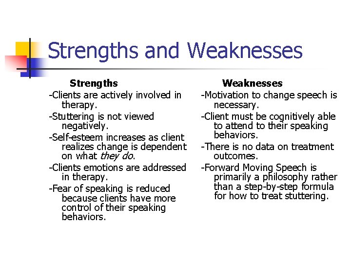 Strengths and Weaknesses Strengths -Clients are actively involved in therapy. -Stuttering is not viewed