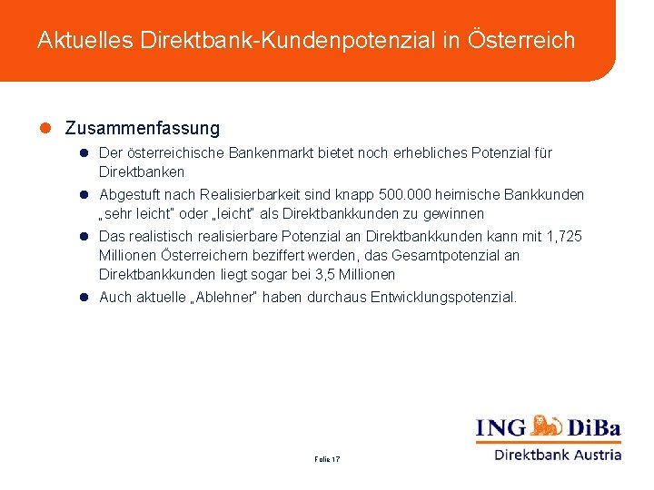 Aktuelles Direktbank-Kundenpotenzial in Österreich l Zusammenfassung l Der österreichische Bankenmarkt bietet noch erhebliches Potenzial