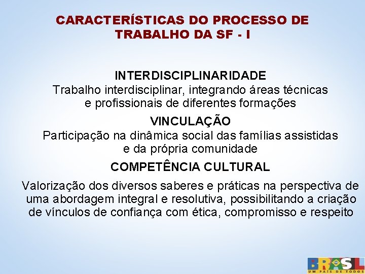 CARACTERÍSTICAS DO PROCESSO DE TRABALHO DA SF - I INTERDISCIPLINARIDADE Trabalho interdisciplinar, integrando áreas