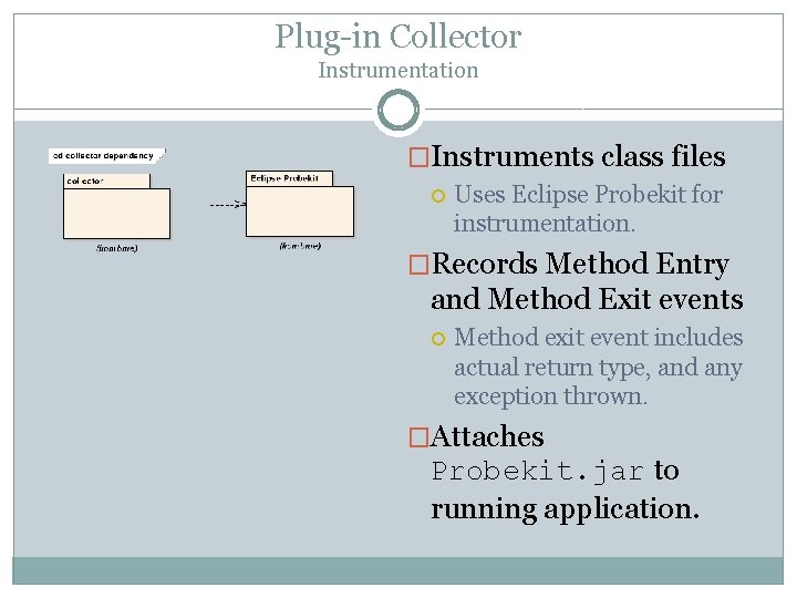 Plug-in Collector Instrumentation �Instruments class files Uses Eclipse Probekit for instrumentation. �Records Method Entry