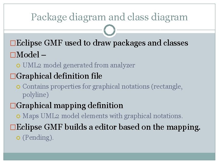 Package diagram and class diagram �Eclipse GMF used to draw packages and classes �Model
