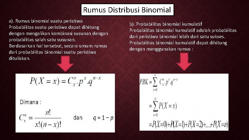 Rumus Distribusi Binomial a). Rumus binomial suatu peristiwa Probabilitas suatu peristiwa dapat dihitung dengan