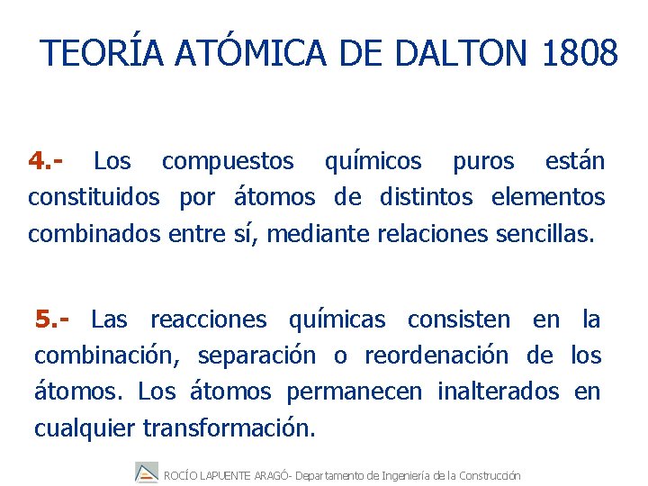 TEORÍA ATÓMICA DE DALTON 1808 4. - Los compuestos químicos puros están constituidos por