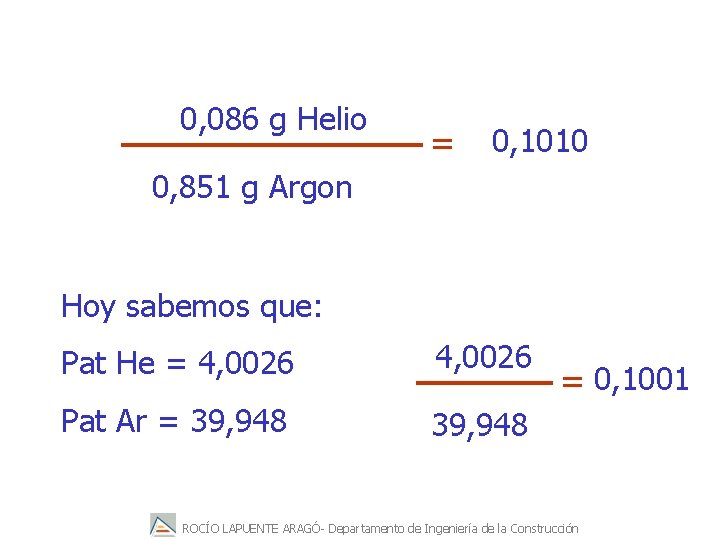 0, 086 g Helio = 0, 1010 0, 851 g Argon Hoy sabemos que: