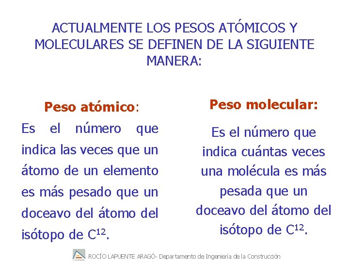 ACTUALMENTE LOS PESOS ATÓMICOS Y MOLECULARES SE DEFINEN DE LA SIGUIENTE MANERA: Peso atómico:
