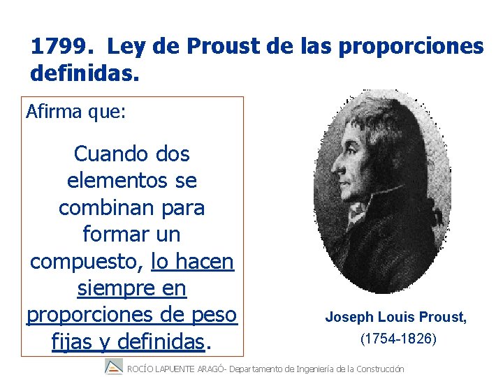 1799. Ley de Proust de las proporciones definidas. Afirma que: Cuando dos elementos se