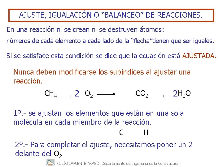 AJUSTE, IGUALACIÓN O “BALANCEO” DE REACCIONES. En una reacción ni se crean ni se