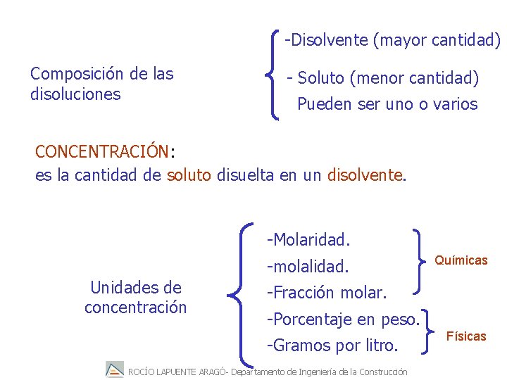 -Disolvente (mayor cantidad) Composición de las disoluciones - Soluto (menor cantidad) Pueden ser uno