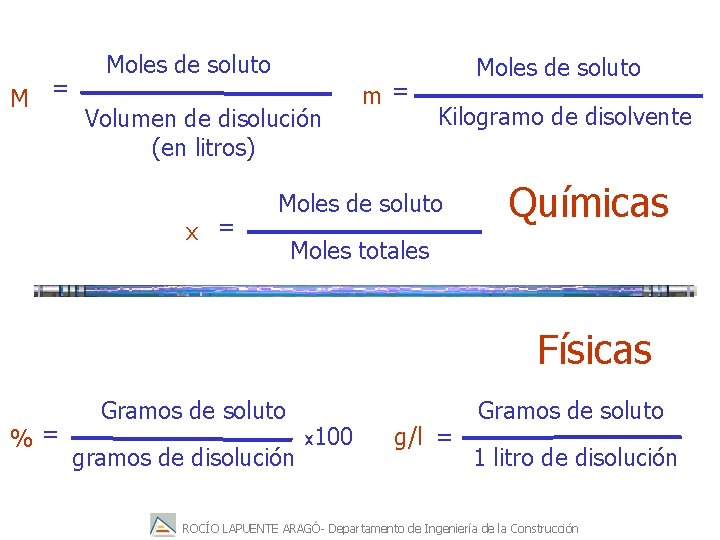 M = Moles de soluto Volumen de disolución (en litros) x = m =