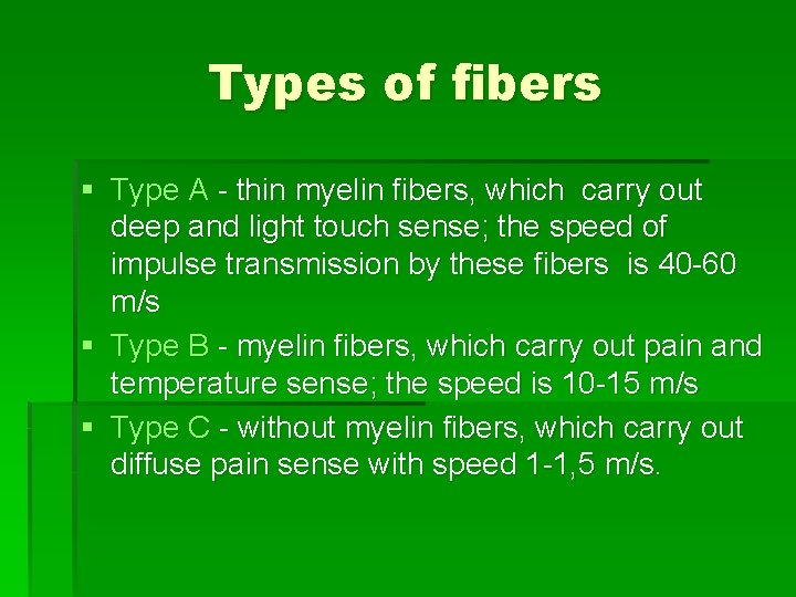 Types of fibers § Type A - thin myelin fibers, which carry out deep