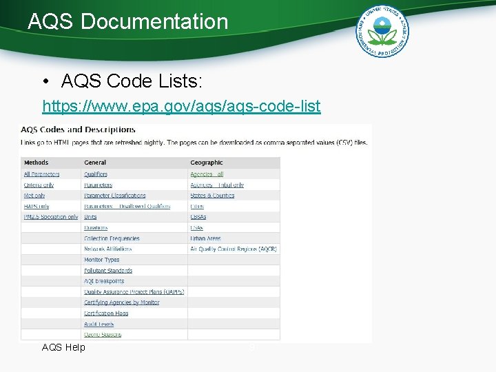 AQS Documentation • AQS Code Lists: https: //www. epa. gov/aqs-code-list AQS Help 9 