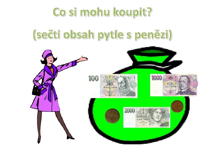 Co si mohu koupit? (sečti obsah pytle s penězi) 