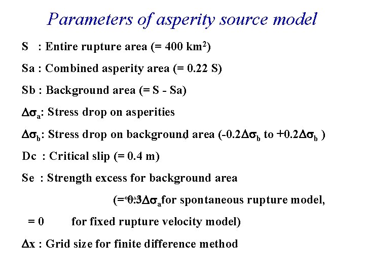 Parameters of asperity source model S : Entire rupture area (= 400 km 2)