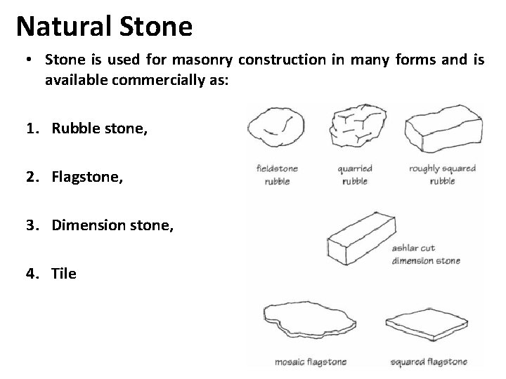 Natural Stone • Stone is used for masonry construction in many forms and is
