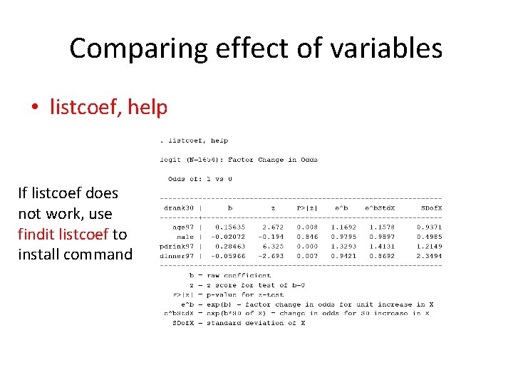 Comparing effect of variables • listcoef, help If listcoef does not work, use findit