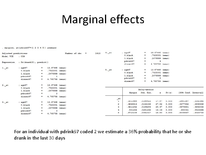 Marginal effects For an individual with pdrink 97 coded 2 we estimate a 36%