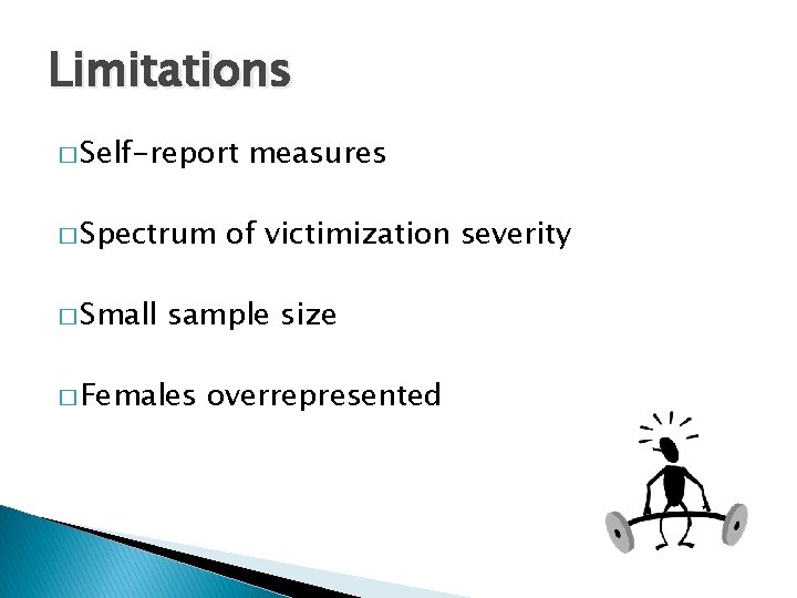 Limitations � Self-report � Spectrum � Small measures of victimization severity sample size �