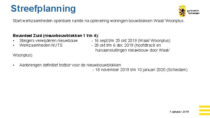 Streefplanning Start werkzaamheden openbare ruimte na oplevering woningen bouwblokken Waal/ Woonplus. Bouwdeel Zuid (nieuwbouwblokken