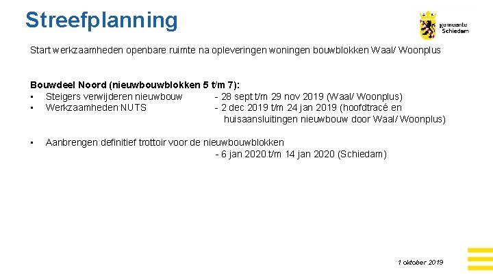 Streefplanning Start werkzaamheden openbare ruimte na opleveringen woningen bouwblokken Waal/ Woonplus Bouwdeel Noord (nieuwbouwblokken
