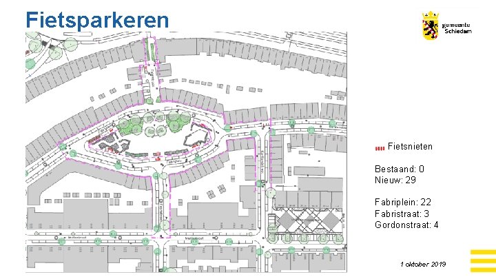 Fietsparkeren Fietsnieten Bestaand: 0 Nieuw: 29 Fabriplein: 22 Fabristraat: 3 Gordonstraat: 4 1 oktober