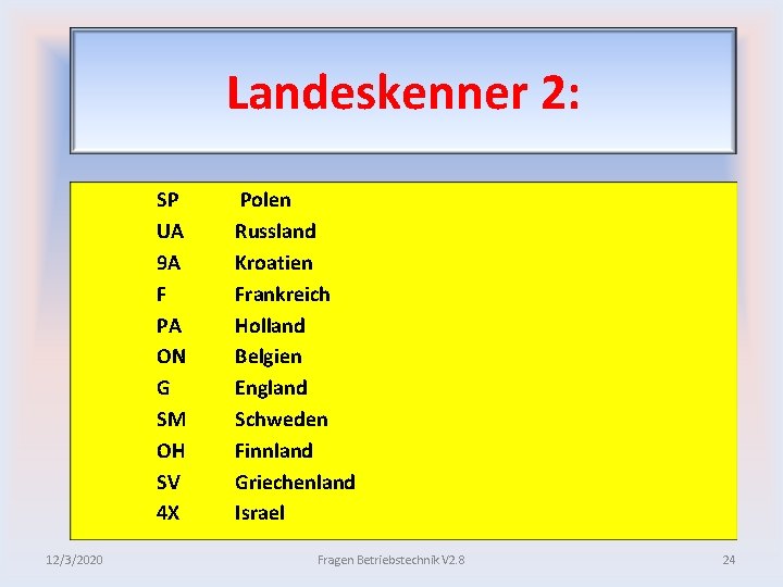 Landeskenner 2: SP UA 9 A F PA ON G SM OH SV 4