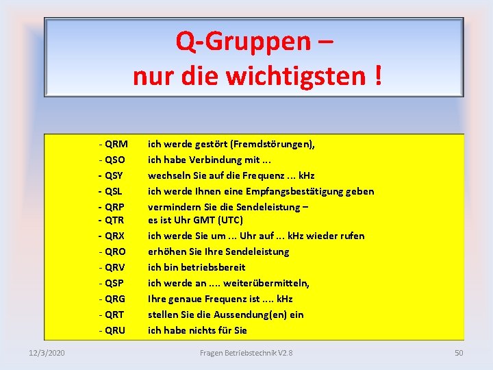 Q Gruppen – nur die wichtigsten ! - QRM - QSO QSY QSL QRP