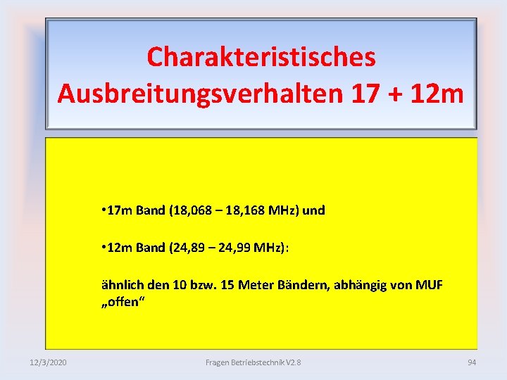 Charakteristisches Ausbreitungsverhalten 17 + 12 m • 17 m Band (18, 068 – 18,