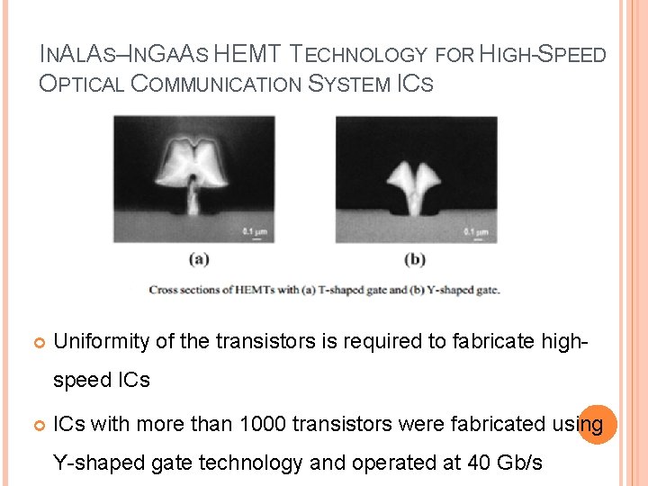 INALAS–INGAAS HEMT TECHNOLOGY FOR HIGH-SPEED OPTICAL COMMUNICATION SYSTEM ICS Uniformity of the transistors is