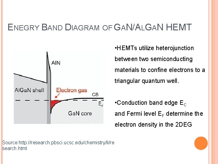 ENEGRY BAND DIAGRAM OF GAN/ALGAN HEMT • HEMTs utilize heterojunction between two semiconducting materials