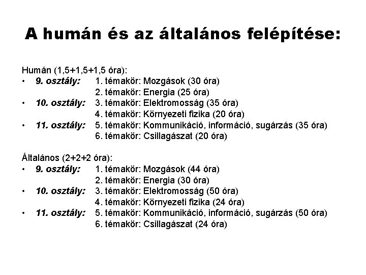 A humán és az általános felépítése: Humán (1, 5+1, 5 óra): • 9. osztály: A humán és az általános felépítése: Humán (1, 5+1, 5 óra): • 9. osztály: