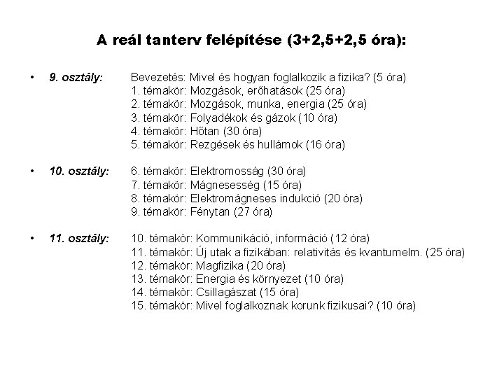A reál tanterv felépítése (3+2, 5 óra): • 9. osztály: Bevezetés: Mivel és hogyan A reál tanterv felépítése (3+2, 5 óra): • 9. osztály: Bevezetés: Mivel és hogyan