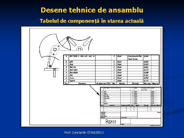 Desene tehnice de ansamblu Tabelul de componență în starea actuală Prof. Constantin STANCESCU 