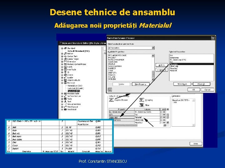 Desene tehnice de ansamblu Adăugarea noii proprietăți Materialul Prof. Constantin STANCESCU 